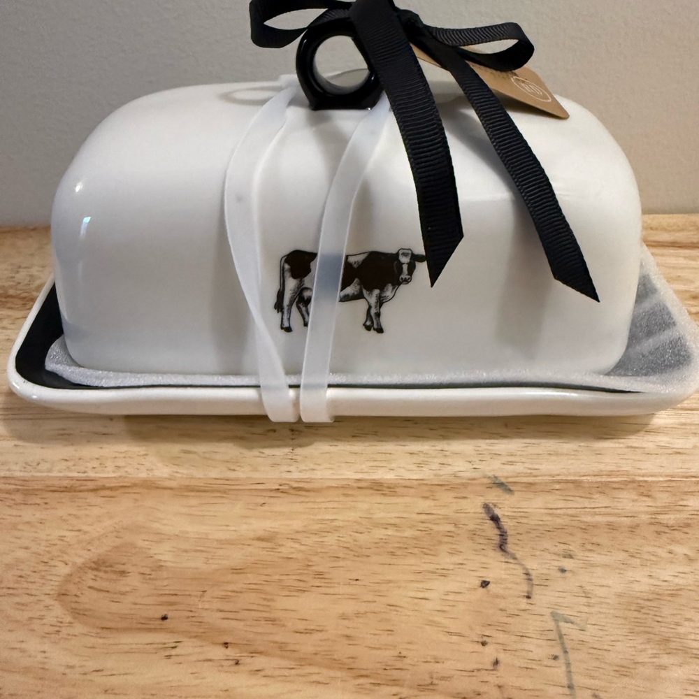 Rae Dunn White Ceramic Butter Dish with Cow Motif